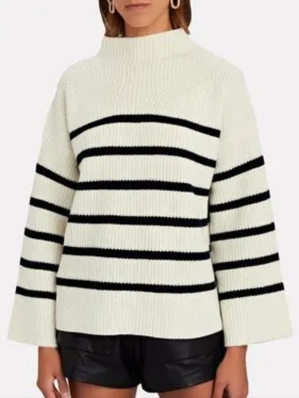 A.L.C. Cream Ribbed Turtleneck Sweater with Navy Stripes